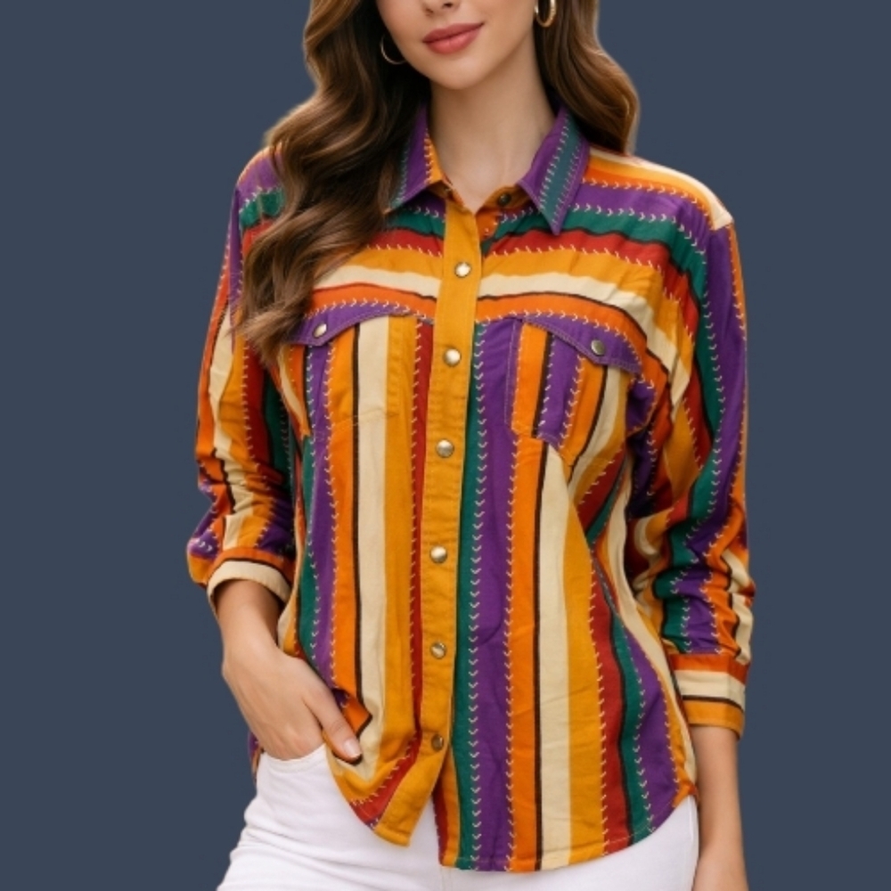 Vtg 1980s RODEO WESTERN WEAR Striped Rainbow Cowgirl Fiesta Snap Shirt FLAWED